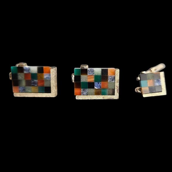 Swank Mosaic Inlay Cufflinks & Tie Tack Set Gold Tone 1960s Multi Stone - Picture 1 of 6